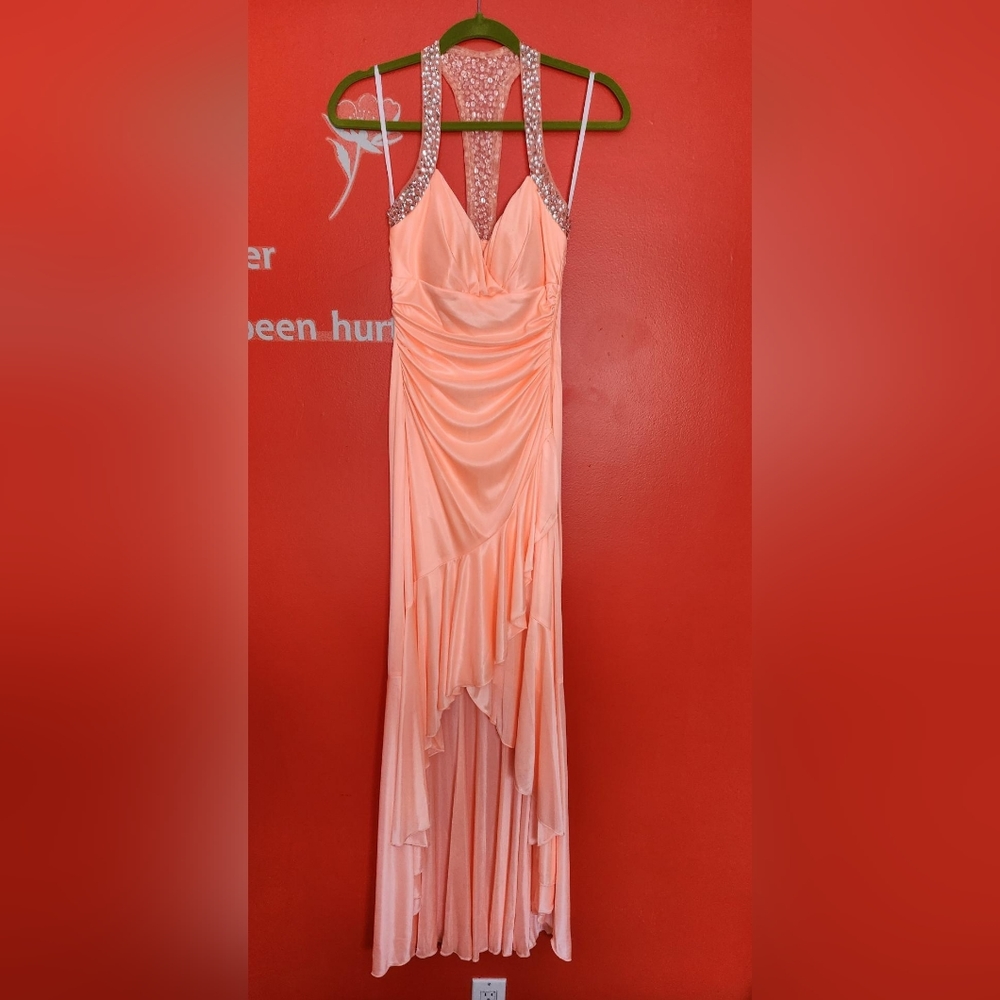 Coral tback keyhole highlow dress rhinestone size 5